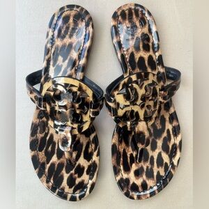 EUC TORY BURCH MILLER PRINTED NATURAL LEOPARD PATENT LEATHER SANDALS Size 7.5